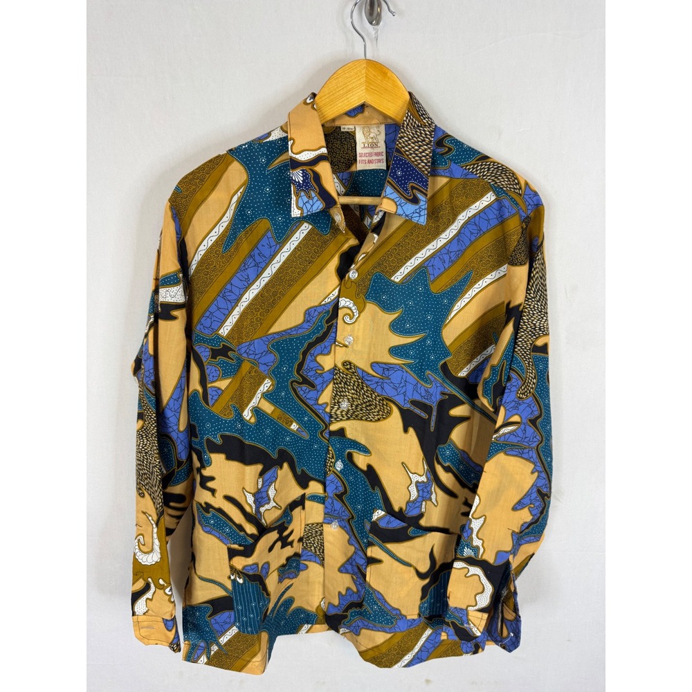 Lion Vintage 70s Batik Print Button Down Shirt Mustard Blue Abstract 16